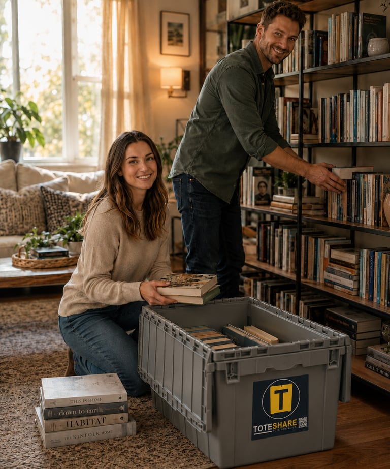 Couple packing reusable moving totes instead of cardboard moving boxes Johnson City TN