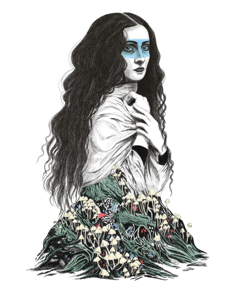illustration of a woman with long hair and blue eyes with a mushroom plantation growing beneath her