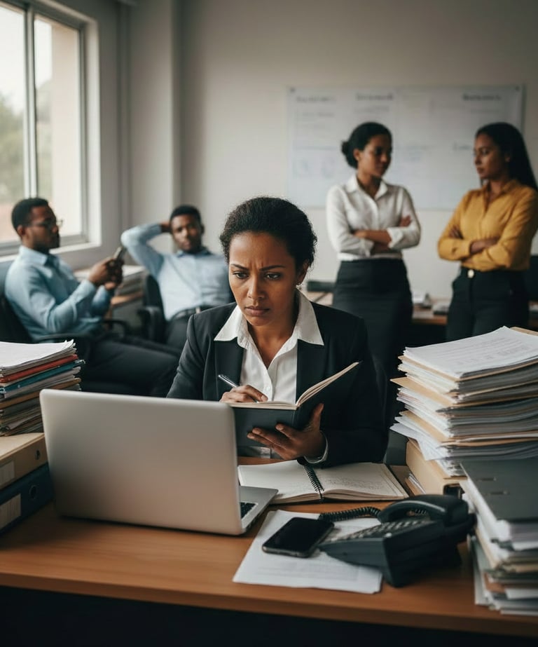 femme dirigeante entreprise devant laptop qui fait tout toute seule et employés arrière plan