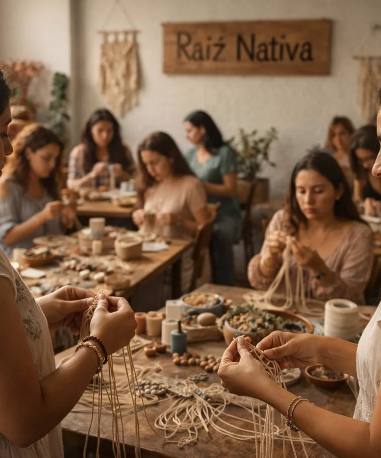 Mujeres asisten a un taller de macramé en el estudio Raiz Nativa