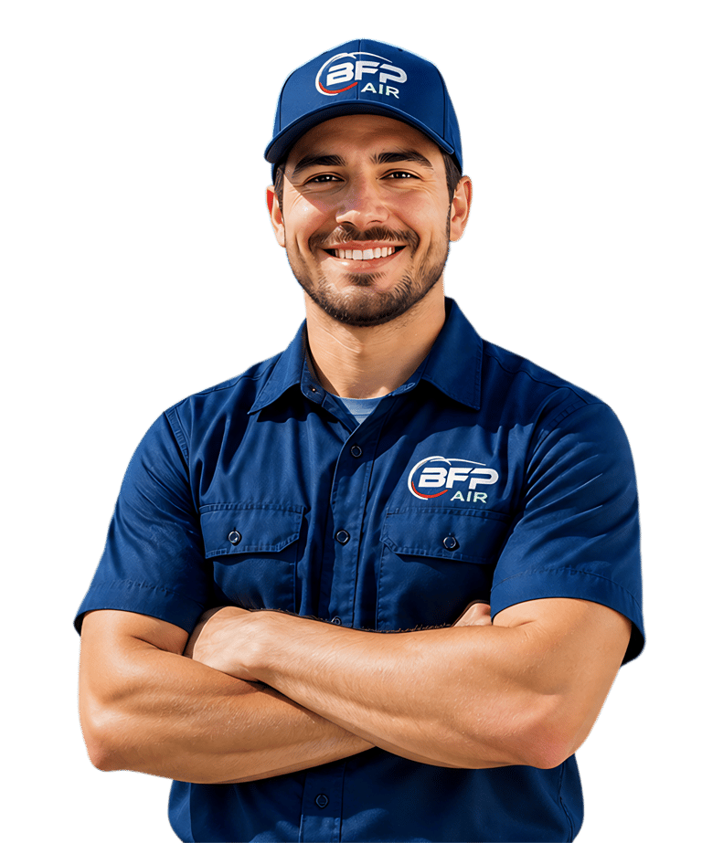 Smiling BFP Air technician in a blue uniform and cap with arms crossed for HVAC repair services.