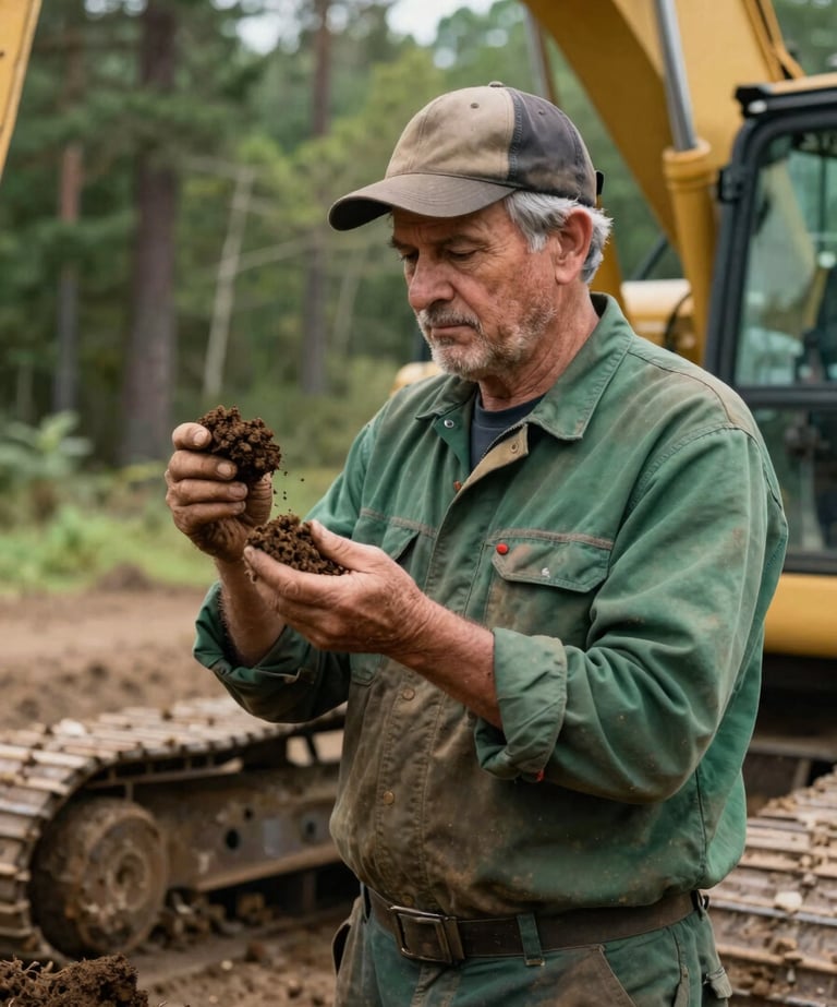 Portrait of a seasoned excavator operator in high-quality workwear, looking thoughtfully at a soil sample, crisp morning daylight, deep forest green and earth tones, rugged editorial photography, sharp details, 35mm.