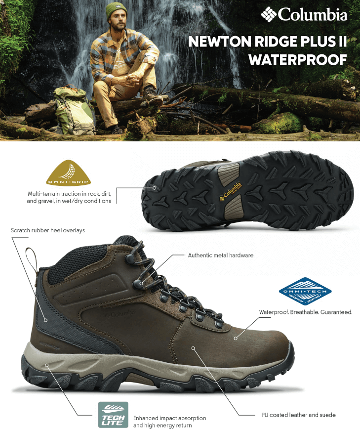 Columbia Newton Ridge Plus II waterproof hiking boots on a rocky trail, emphasizing their waterproof