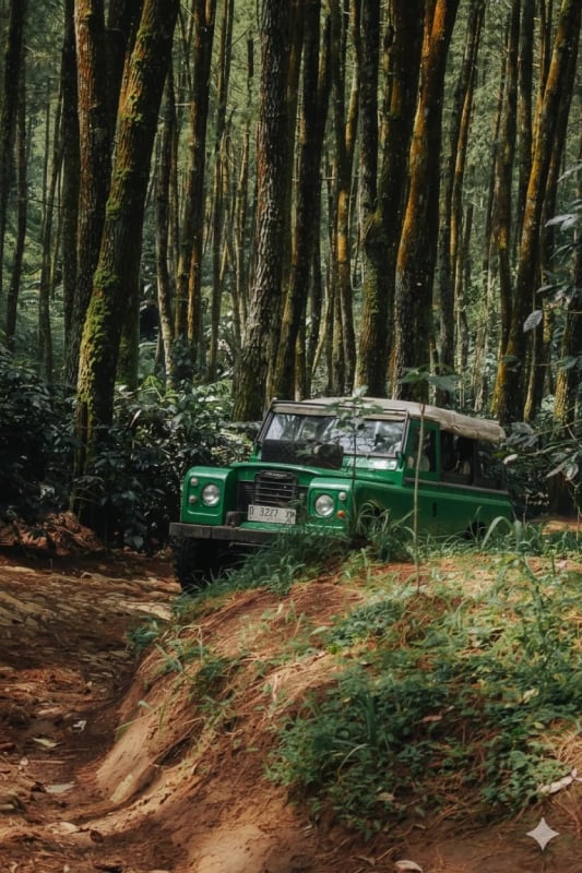 Jeep off-road hijau melintas di jalur hutan pinus yang rimbun, dikelilingi pepohonan tinggi dan semak hijau, menggambarkan su