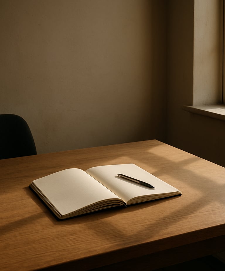 Wide environmental shot of a near-empty editorial workspace, a wooden desk with an open strategy notebook and a single pen, north-facing window light casting long shadows across paper grain, warm beige tones, no people