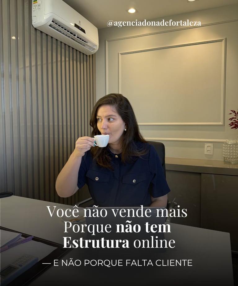 A business woman drinking coffee at her desk in a modern office with professional online marketing text.