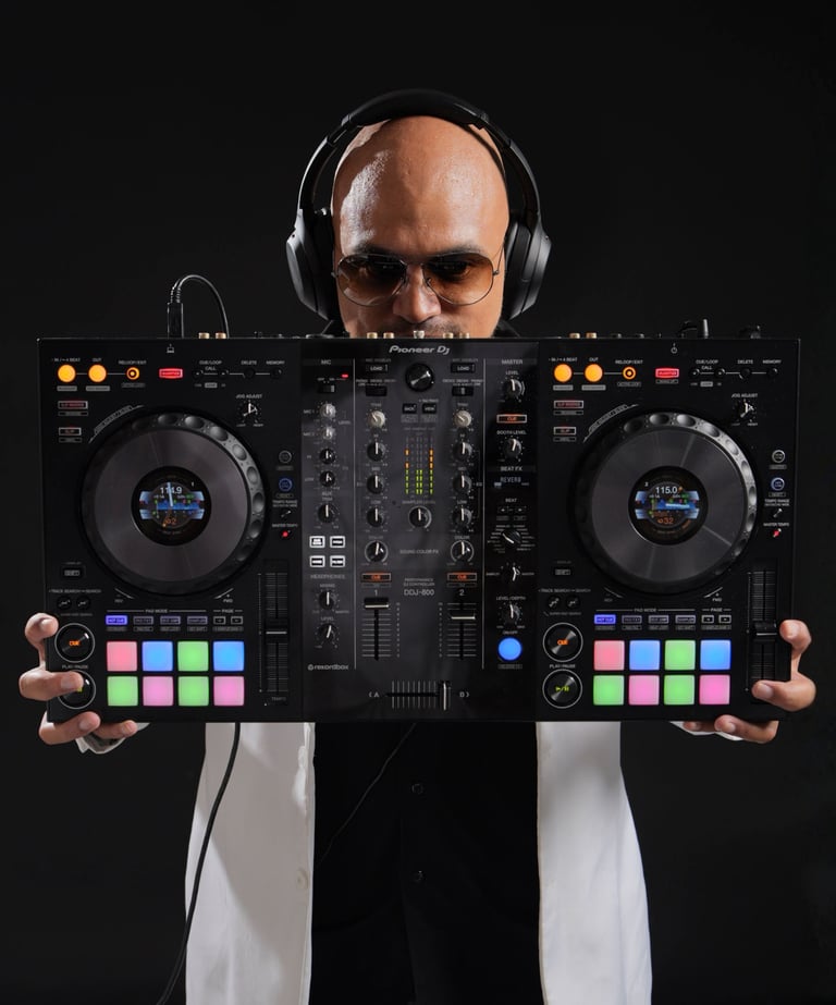 a man in a white suit, sunglasses and headphones holding a DJ controller