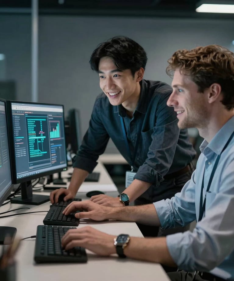 High-end North American corporate workspace with a minimalist desk, a sleek laptop showing a secure interface, and large windows revealing a city skyline in the background, daylight.