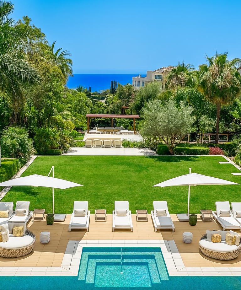 Panoramic view from Villa Serenity of gardens, infinity pool, and the shimmering Mediterranean Sea.