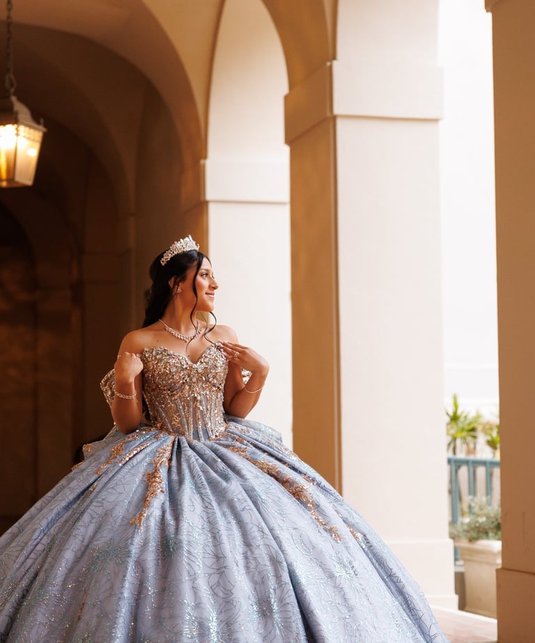 a Quinceañera  in a blue dress at Pasadena City Hall