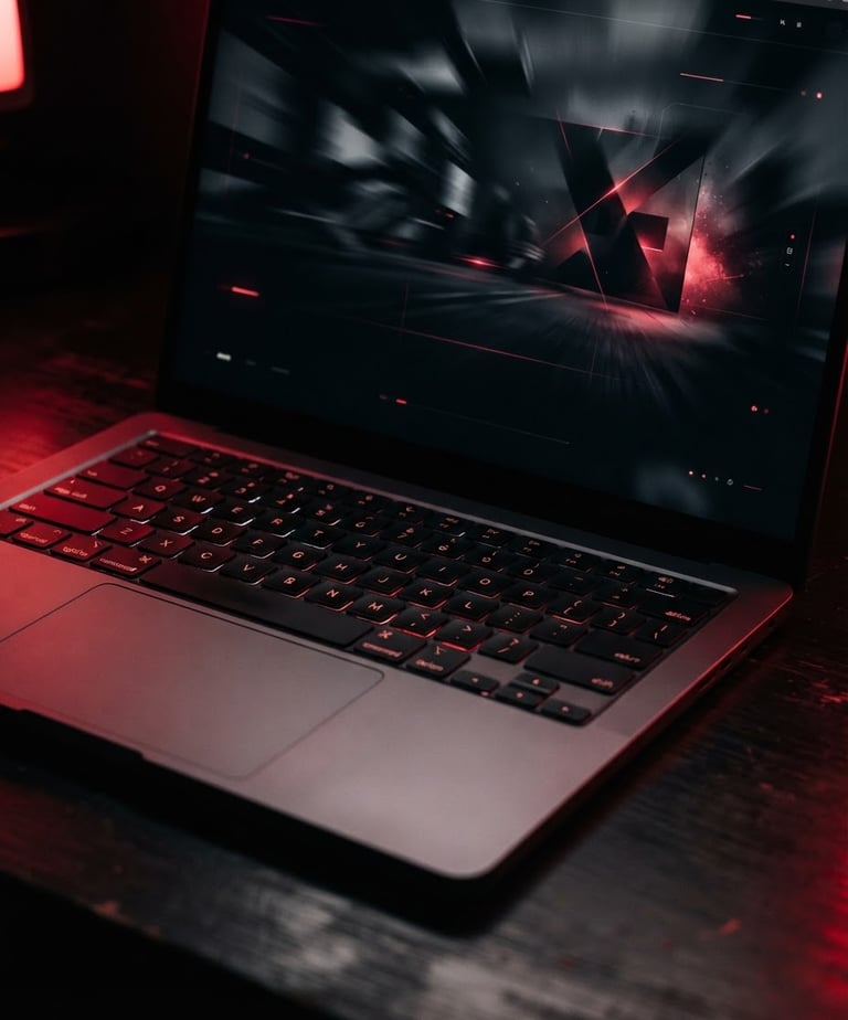 Lüks bir MacBook Pro'da Ayzek Studio tarafından tasarlanmış sinematik bir web sitesi arayüzü, klavye ve ekranın keskin yakın çekimi, kırmızı neon yansımalarla aydınlatılmış karanlık bir masaüstünde, düşük anahtarlı dramatik aydınlatma.