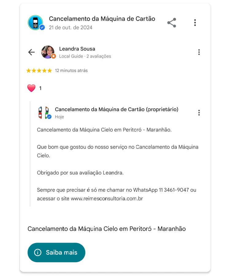 Cancelamento da Maquina Cielo em Peritoro Maranhao