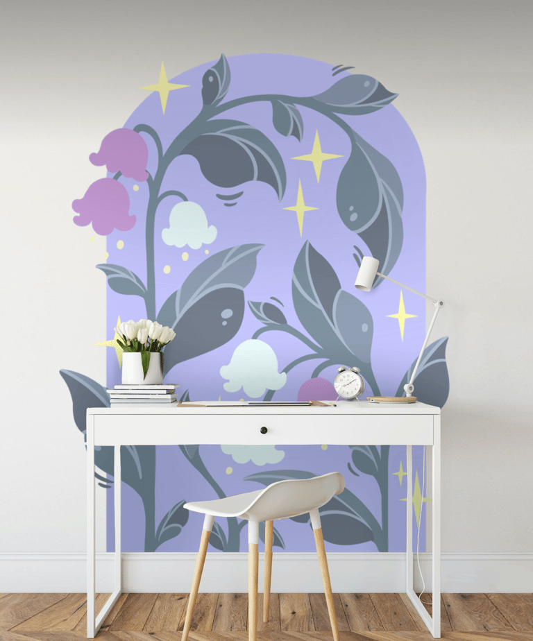 Fresque intérieure arche avec des étoiles, du muguet et de la végétation sur un fond violet 