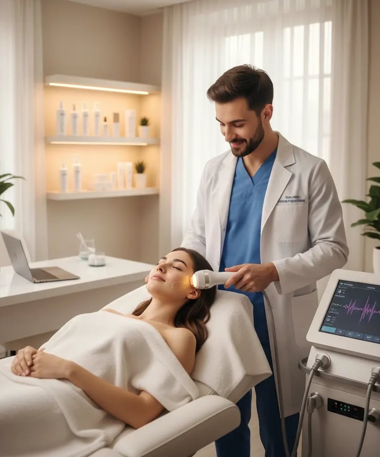 un medico in uno studio medico che esegue un trattamento di radiofrequenza su di una paziente