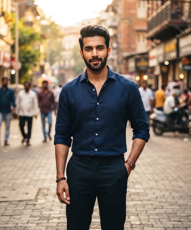 Confidently posed Indian male model in a sharp navy blue shirt, natural outdoor urban backdrop, high-contrast daylight, 85mm lens, shallow depth of field, rich navy and warm gold tones.