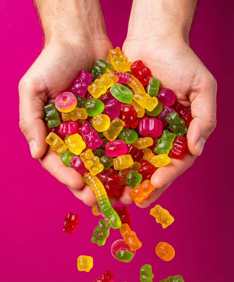 Close-up macro of hands cupping a generous handful of colorful gummy candies — magenta, yellow, green — against a vivid saturated magenta backdrop, hard bright studio light, overhead angle, candies spilling between fingers, textures sharp and glossy