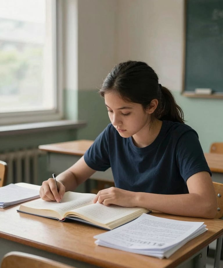 Environmental wide shot of a teenage girl reading intently at a wooden desk in a modest classroom, natural overcast daylight from a side window, books and handwritten notes visible on the desk surface, no eye contact with camera, honest concentration framing