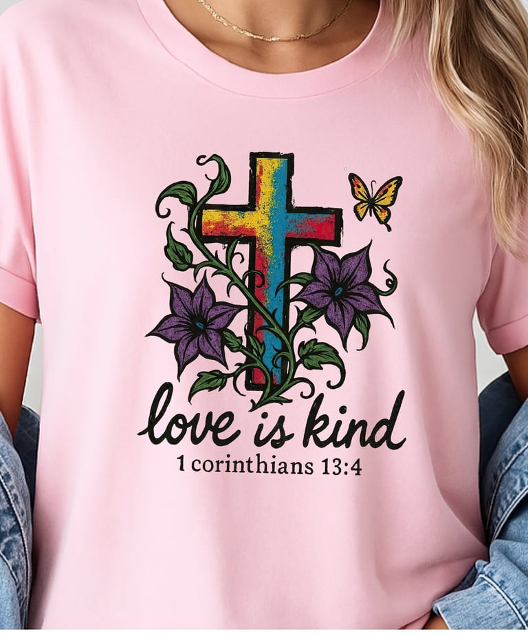 Women's Love is kind Christian Cross Bible Verse tee