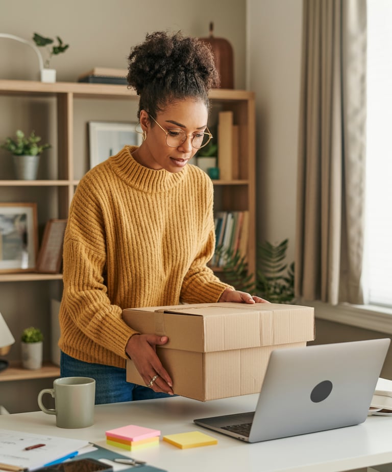 a woman holding a box with a box on it