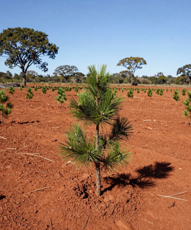 Young pine tree saplings growing in a reforestation project.