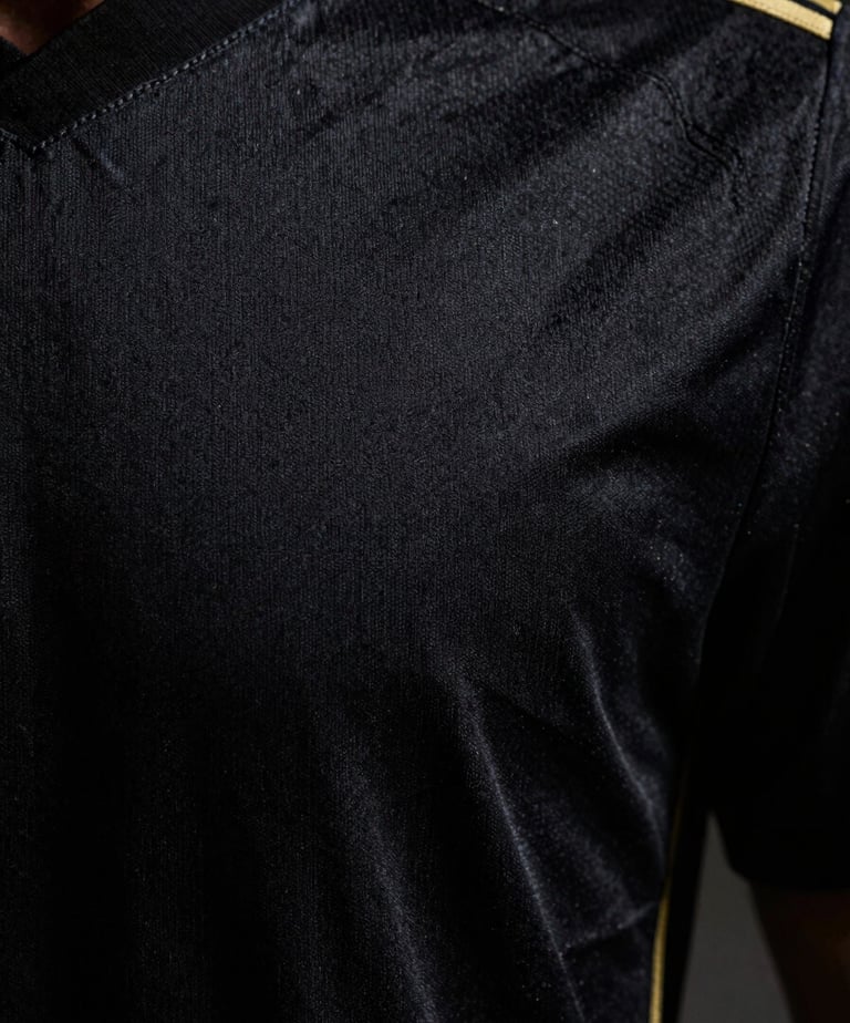 Close-up macro shot of an official football jersey fabric, showing intricate texture and stitching, with a subtle gold thread detail, moody editorial sports photography, dramatic high-contrast studio lighting, deep black and gold tones, sharp details, 35mm