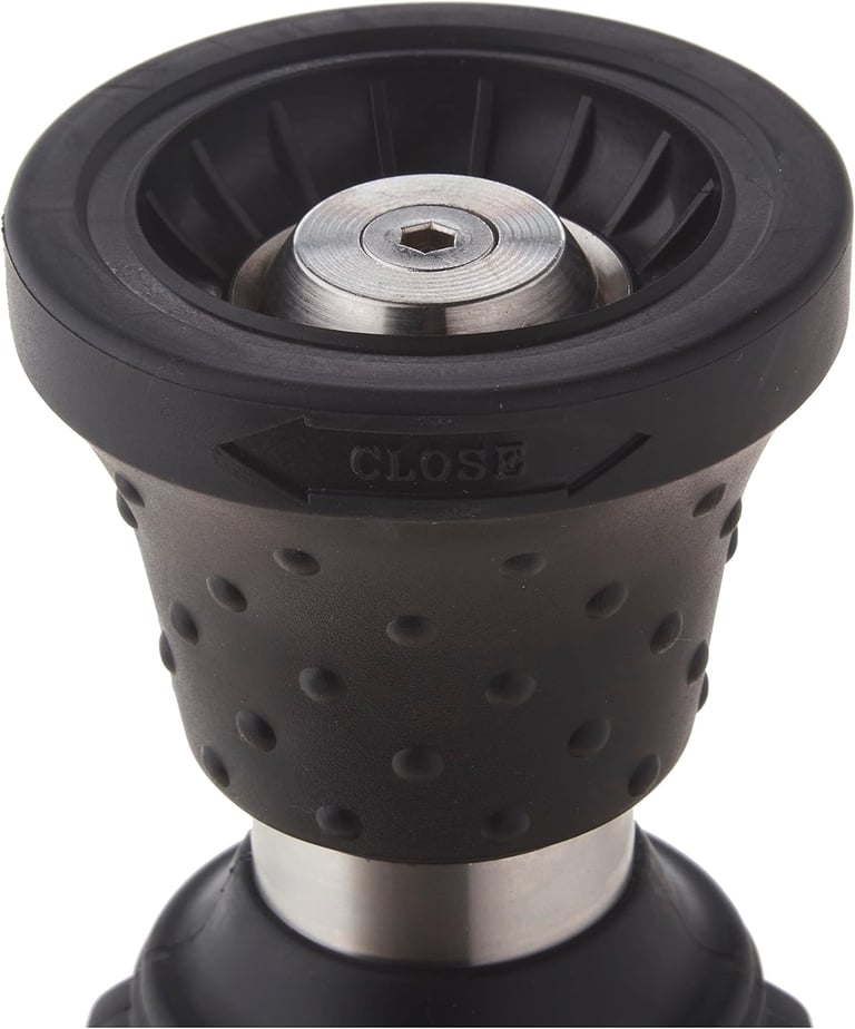 A durable black rubber adjustable spray nozzle for a garden hose with a textured non-slip grip.