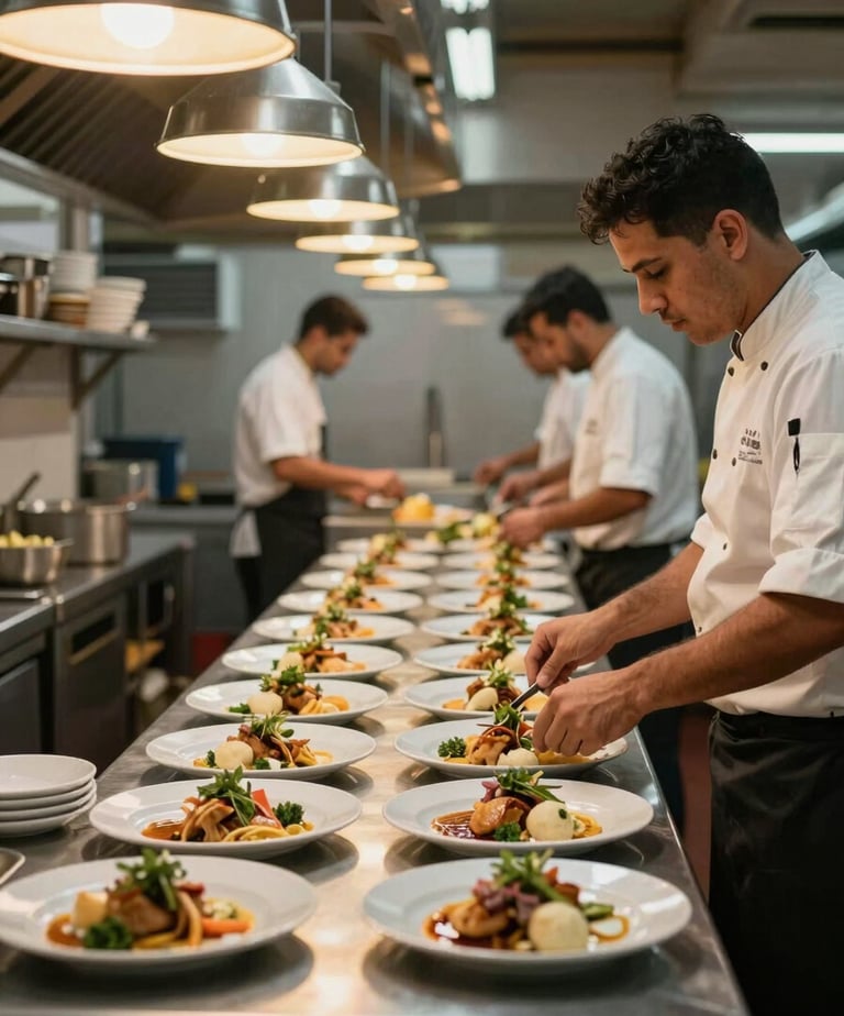 Wide environmental shot of the interior of a busy Brazilian restaurant kitchen, a cook plating dishes on a stainless counter under warm overhead light, professional operation in motion, left side has negative space