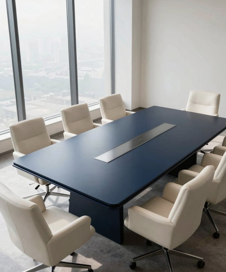 A high-angle, wide photograph of a sleek, minimalist executive boardroom in Lahore. The room features a polished dark navy blue table and soft off-white leather chairs, with natural light pouring through floor-to-ceiling windows.
