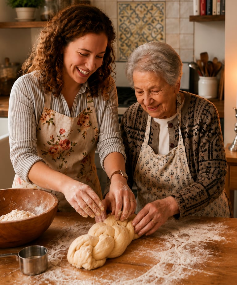 A smiling grandmother and granddaughter braiding dough together in a rustic kitchen.