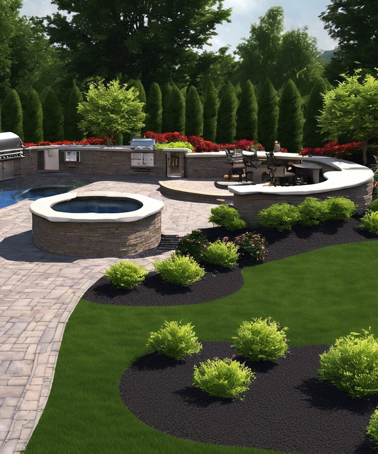 picture of backyard landscape with firepit outdoor kitchen pavers and retaining wall