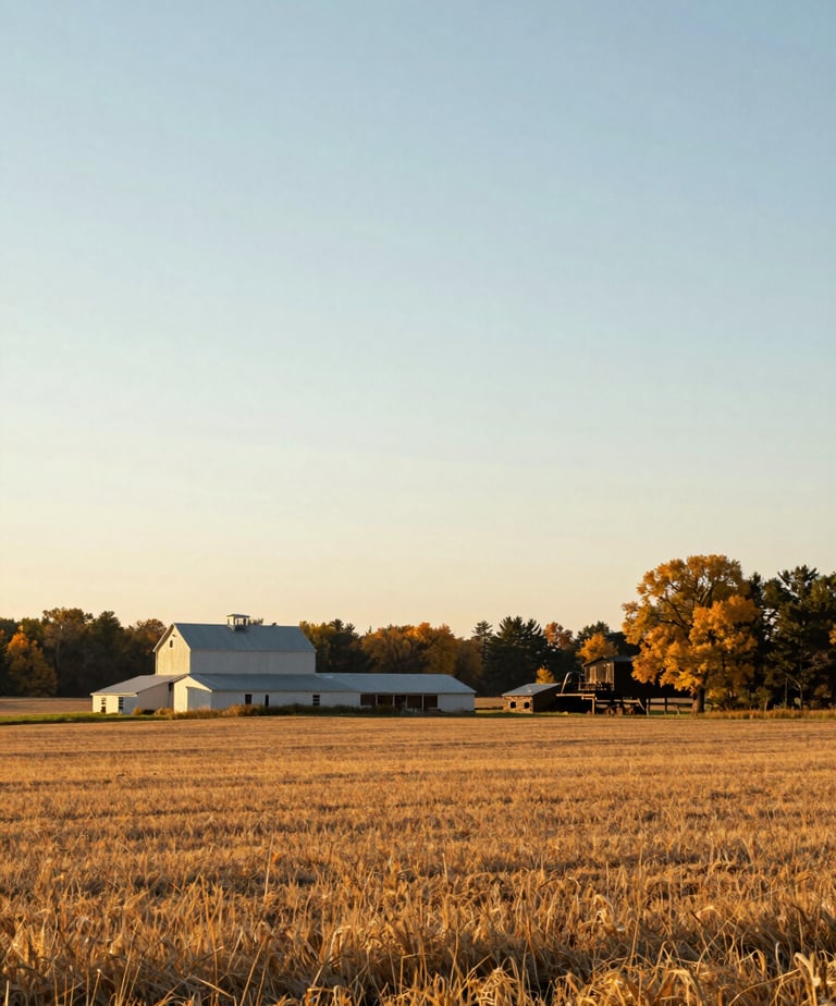 Wide environmental shot of a Wisconsin farmstead in early autumn, fields stretching to treeline, golden morning light, no people, quiet and grounded