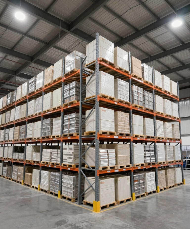 A high-end, wide-angle photograph of a massive, clean logistics warehouse interior in an Oceanic industrial park. The scene features structured shelving and high-bay racking under professional, bright lighting, utilizing a palette of off-white and charcoal grey.