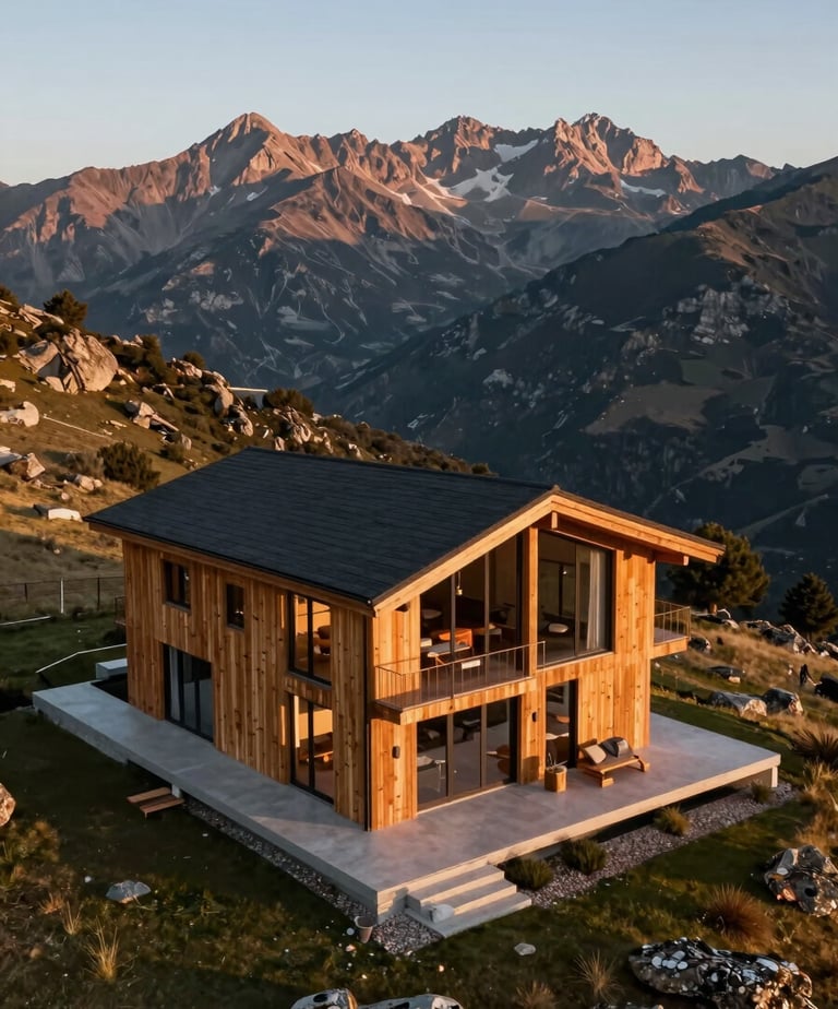 A high-end mountain cabin in a Spanish landscape, captured from an aerial perspective by a professional drone. The lighting is golden and warm, highlighting the modern wood and glass architecture against a clean mountain backdrop.