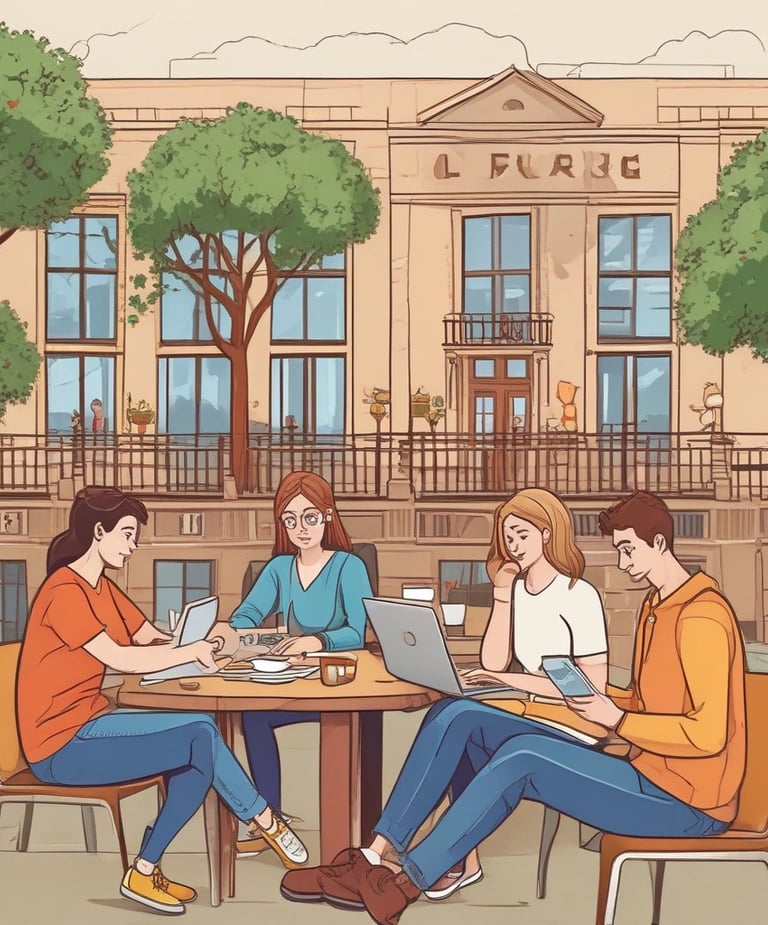 a group of people sitting at a table with laptops