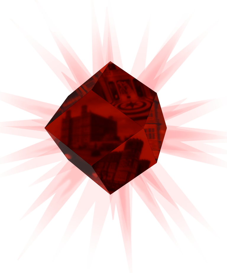 A red rhombic dodecahedron resembling a garnet crystal and reflecting images of country houses