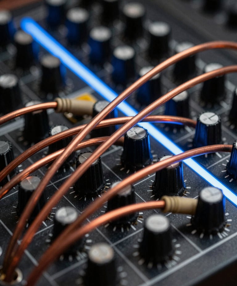 Extreme close-up of a vintage modular synthesizer patchboard, copper patch cables crossing in tight geometry, backlit by a single cool-blue LED strip, deep black chassis, no hands visible, abstract and precise