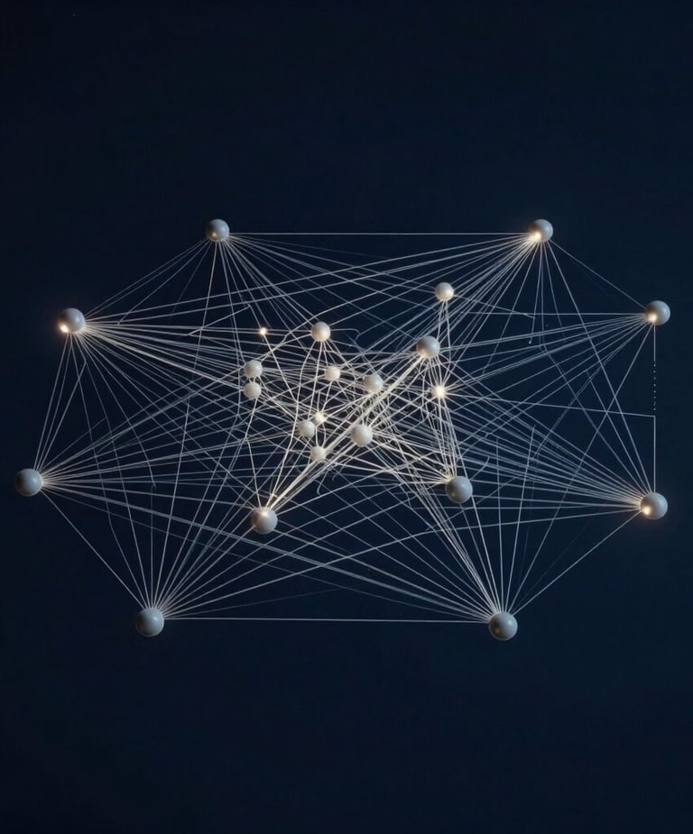 Professional photography of a complex network topology diagram rendered in glowing light grayish white lines against a dark navy blue background, minimal aesthetic, North American data center style.