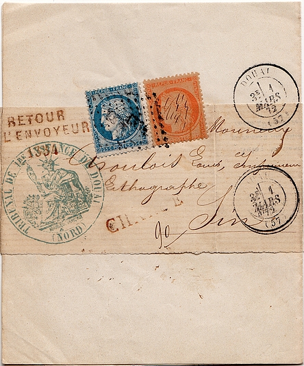 1872: Lettre chargée jusque 10 g de DOUAI pour SIN LE NOBLE