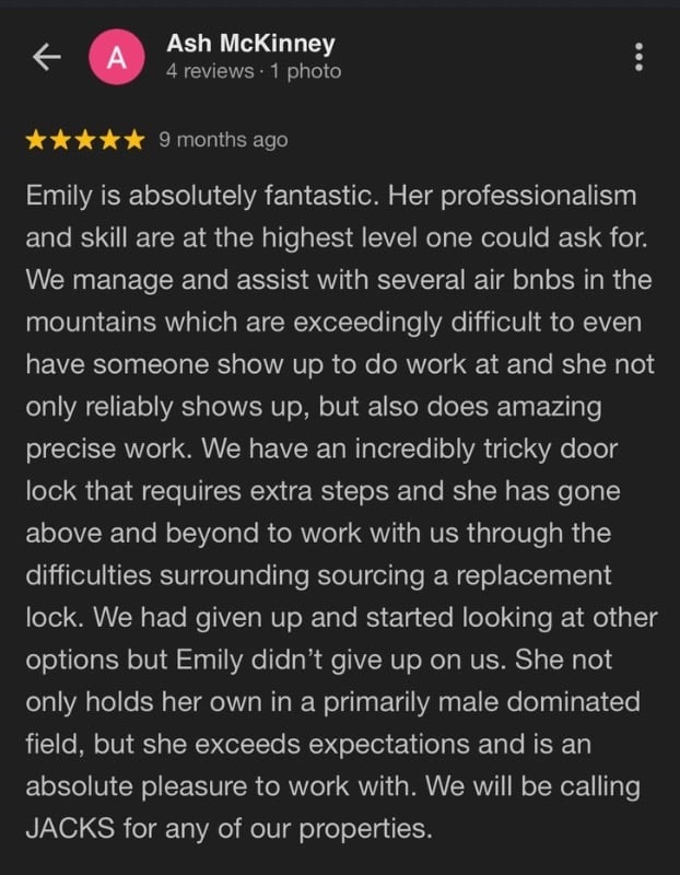 Five-star Google review of Jack's Locksmith from a property manager praising Emily's work on a tricky AirBnB door lock