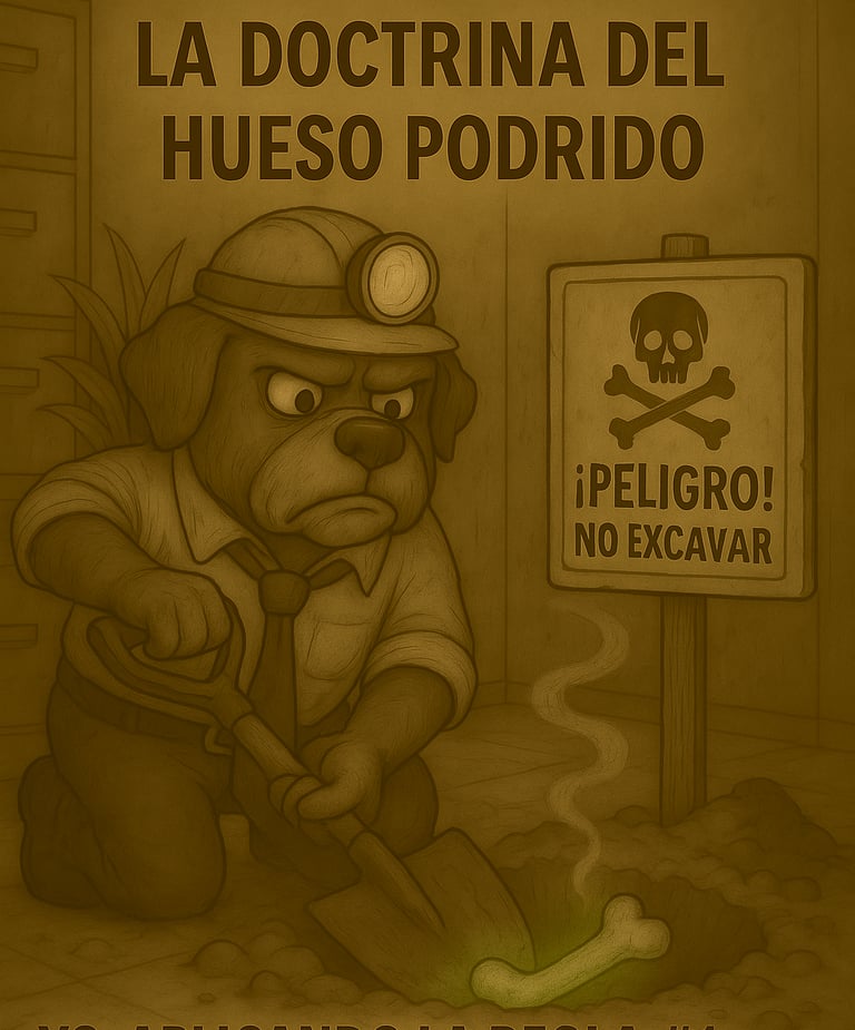 Ilustración de un perro con casco de minero a punto de desenterrar un hueso que brilla de forma sosp