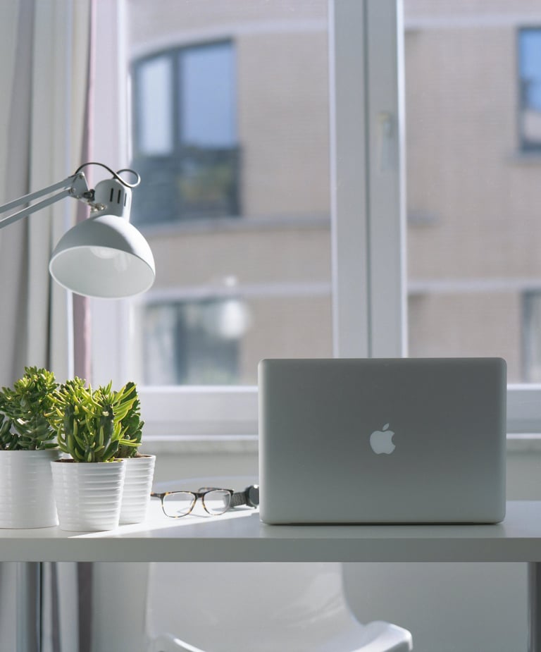 Modern home office desk with a laptop, desk lamp, green plants, and eyeglasses