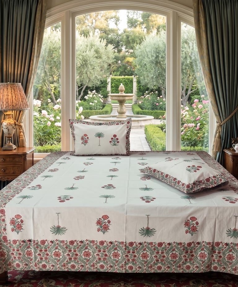 Luxury block print bedding on a bed facing a scenic garden window with a fountain view.