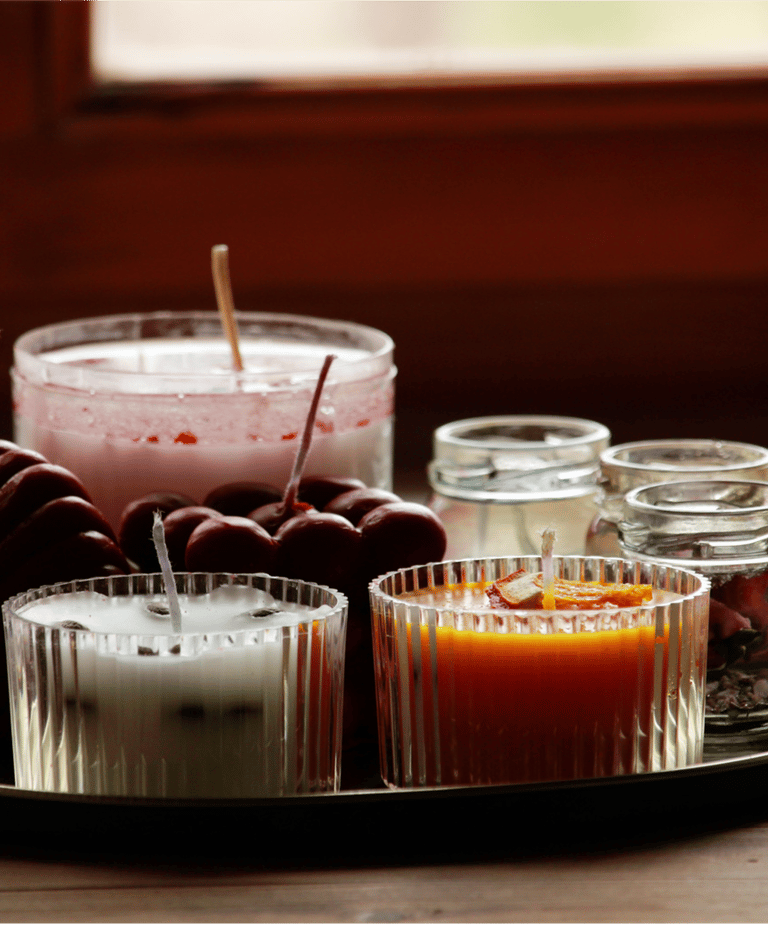 a tray with aromatic  candles for bedroom and valentine's day