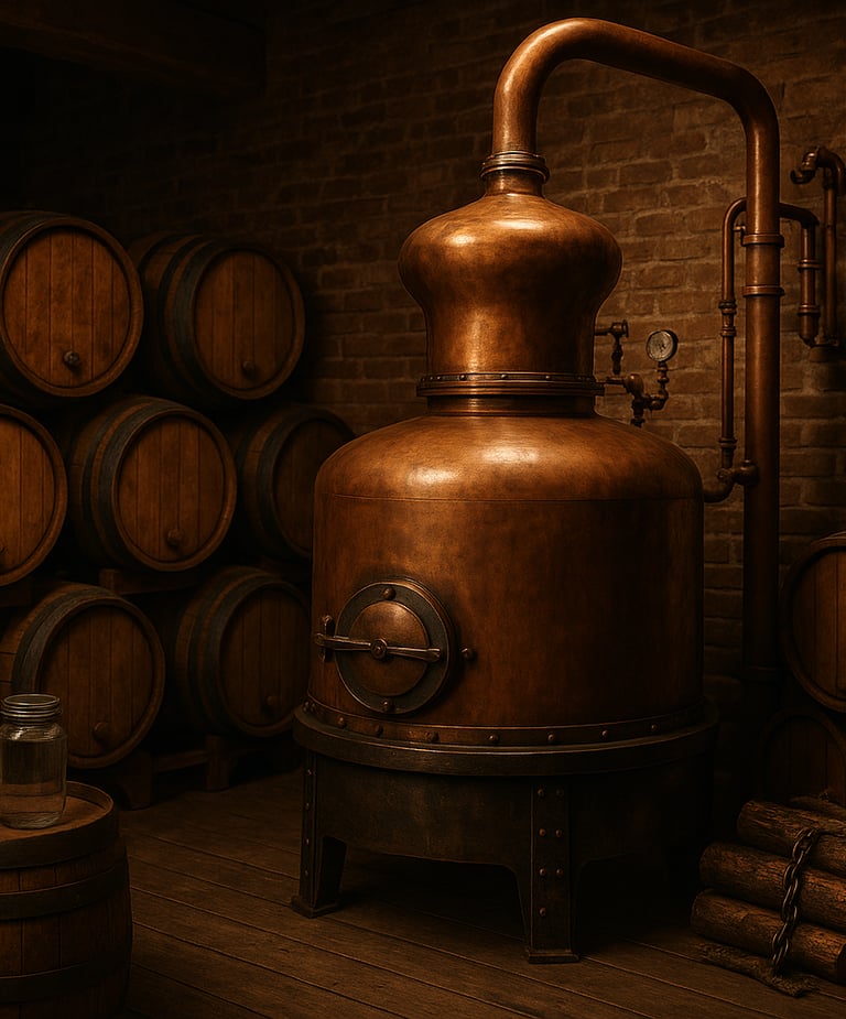 a copper potted still in the process of being used as a whiskey disti