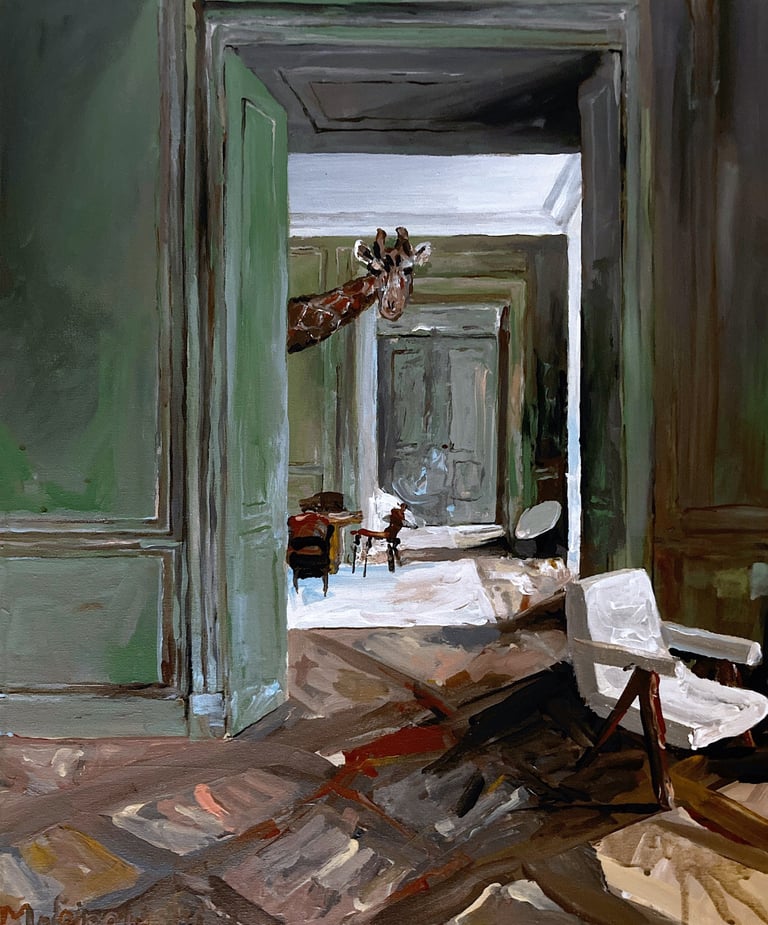 a giraffe standing in a room with a chair and a chair