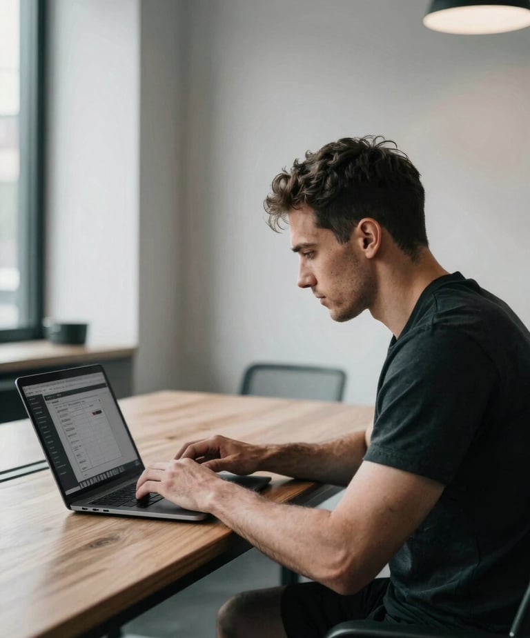 Portrait of a focused fitness coach (Alex) working on a laptop in a modern co-working space, client tracking software visible on screen, high-contrast natural light, deep shadows, desaturated cool tones, 35mm film grain.