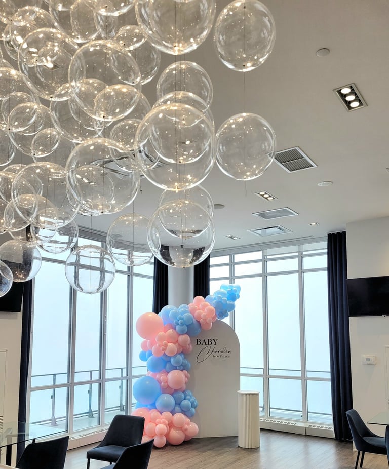 baby blue and pink baby shower balloon backdrop rental