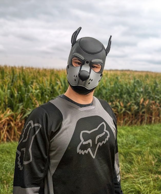 A man in a cornfield wearing a pup mask.
