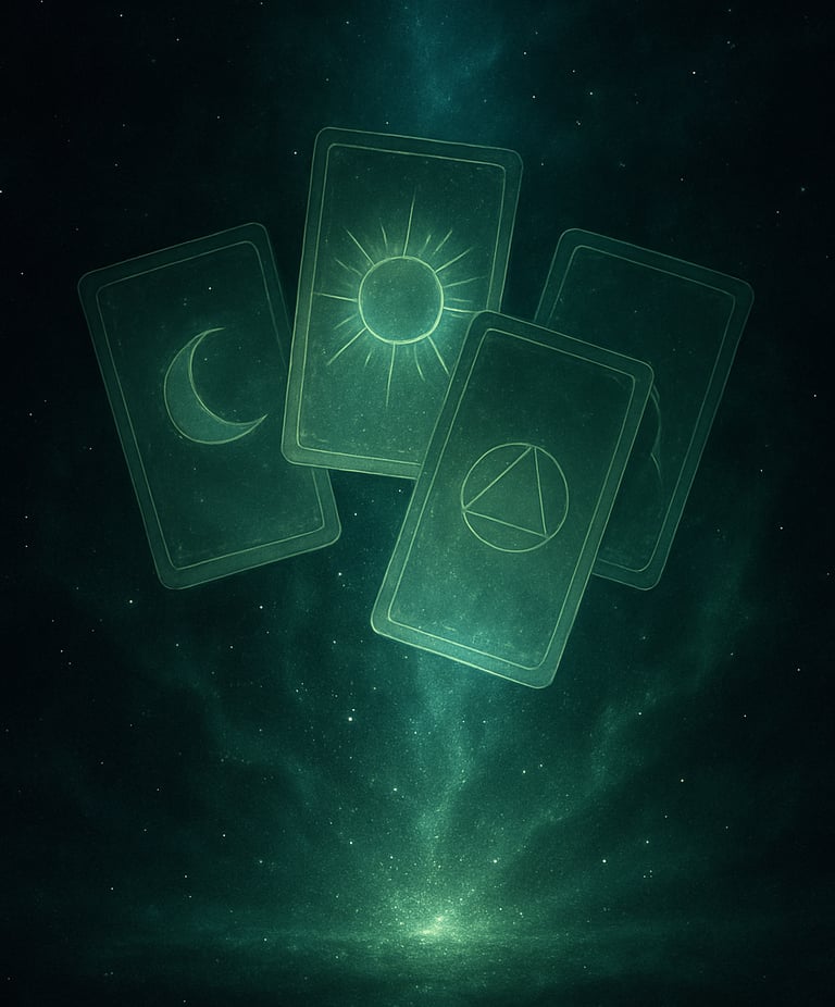 a group of four tarot cards with a green background