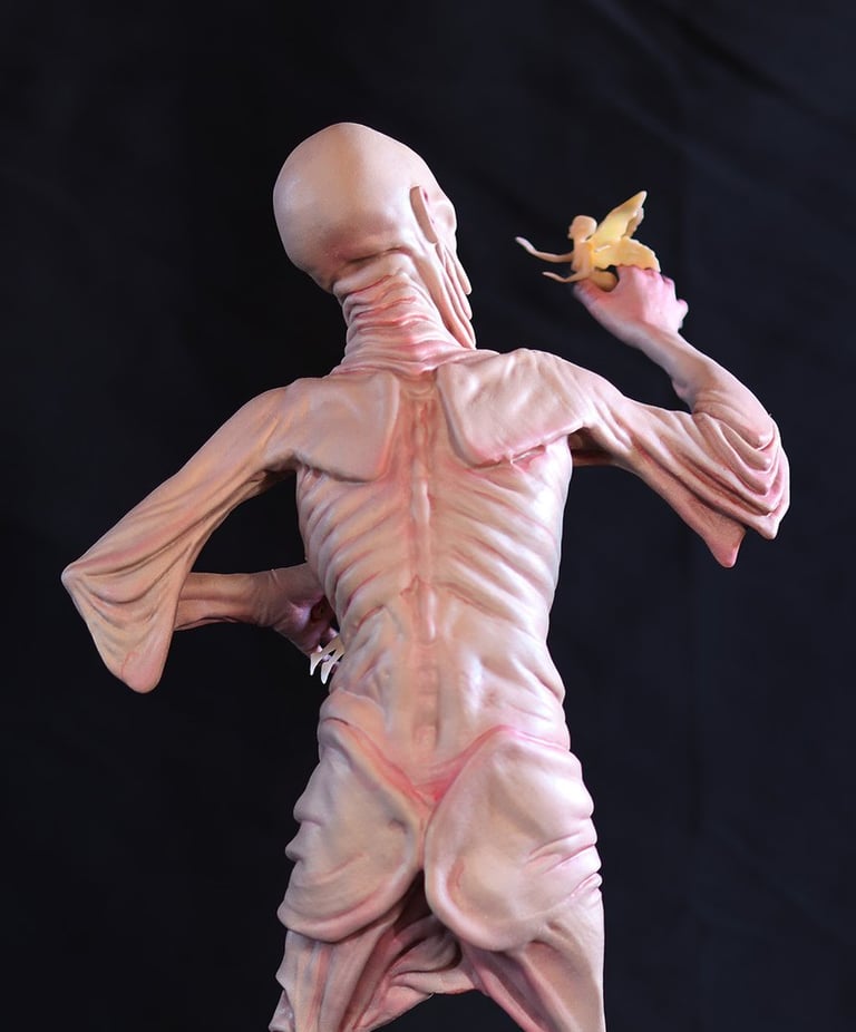 Back view of original fantasy humanoid sculpture sculpted for resin casting and fine detail finishing